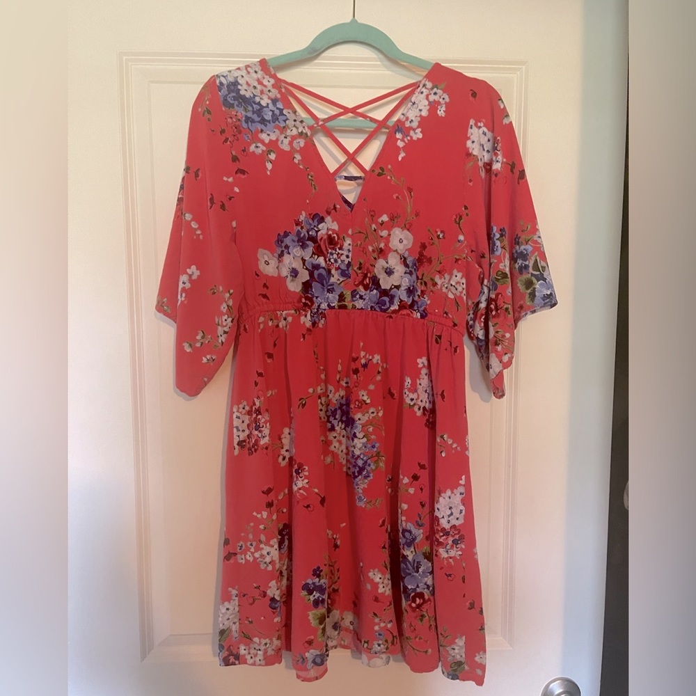 Coral and floral midi dress